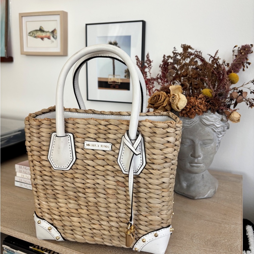 Michael Kors Tan and White Woven Tote Bag